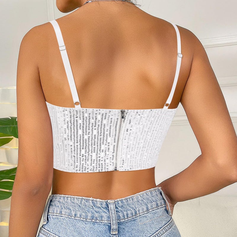 Vimoisa Women Shiny Sequin Vest Tank Top Spaghetti Strap Crop Top Sleeveless Tube Top(White M) - Image 5
